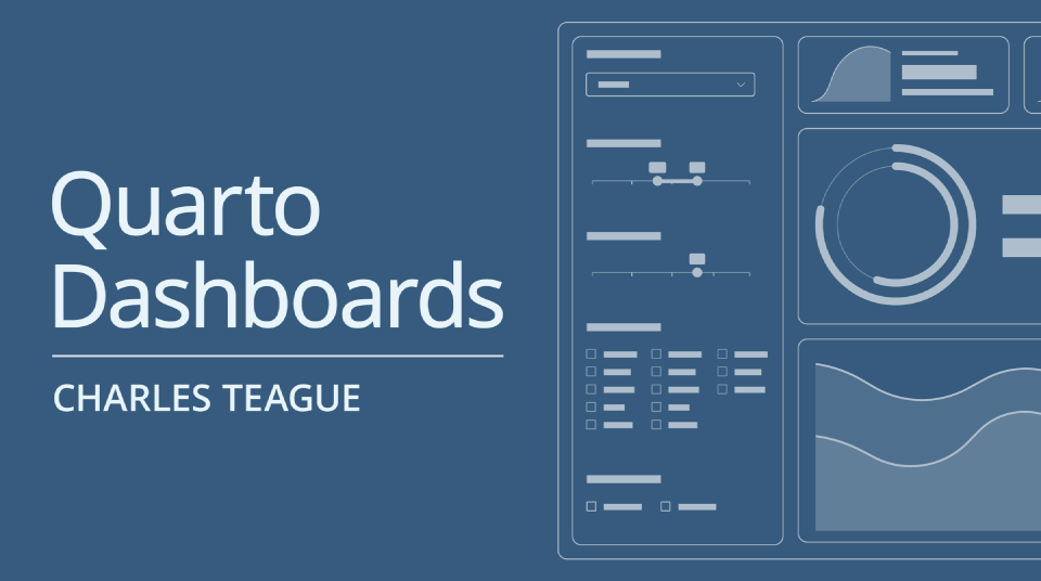 Quarto logo on a blue background with the title Quarto Dashboards, Charles Teague and an abstract dashboard sketch