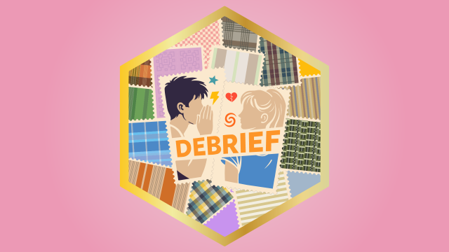 Hexagon logo for the debrief package: two stylized figures, one whispering to the other, with the word DEBRIEF on a patchwork background.