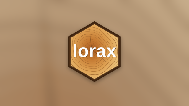The lorax hex logo, a hexagonal cross-section of a tree trunk showing growth rings with the word lorax in white letters.