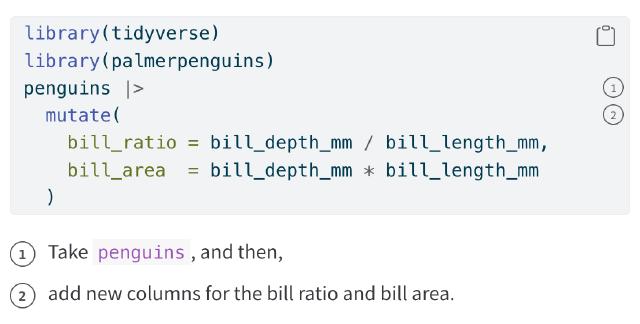 Screenshot a code chunk with annotations. Annotations appear in the code chunk as numbers within circles, and repeat below the code chunk along with the text content of the annotations.