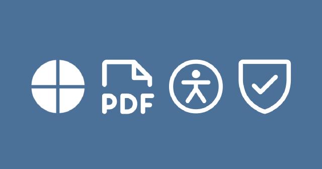 Quarto icon, PDF file icon, accessibility icon, and validation shield