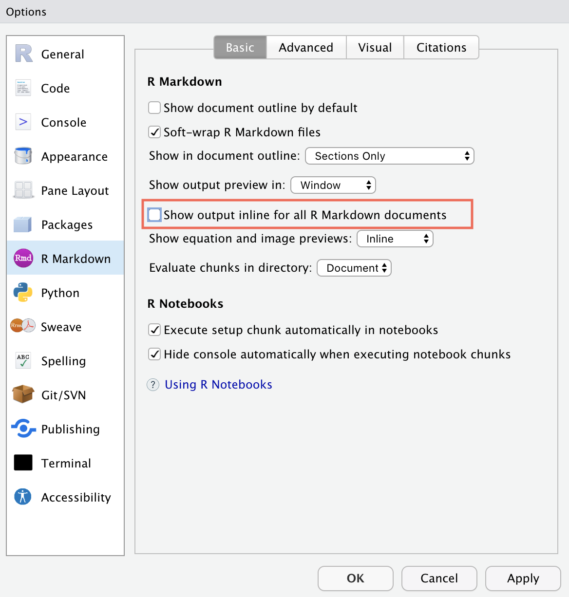 R Markdown checkbox for the output options in Global Options
