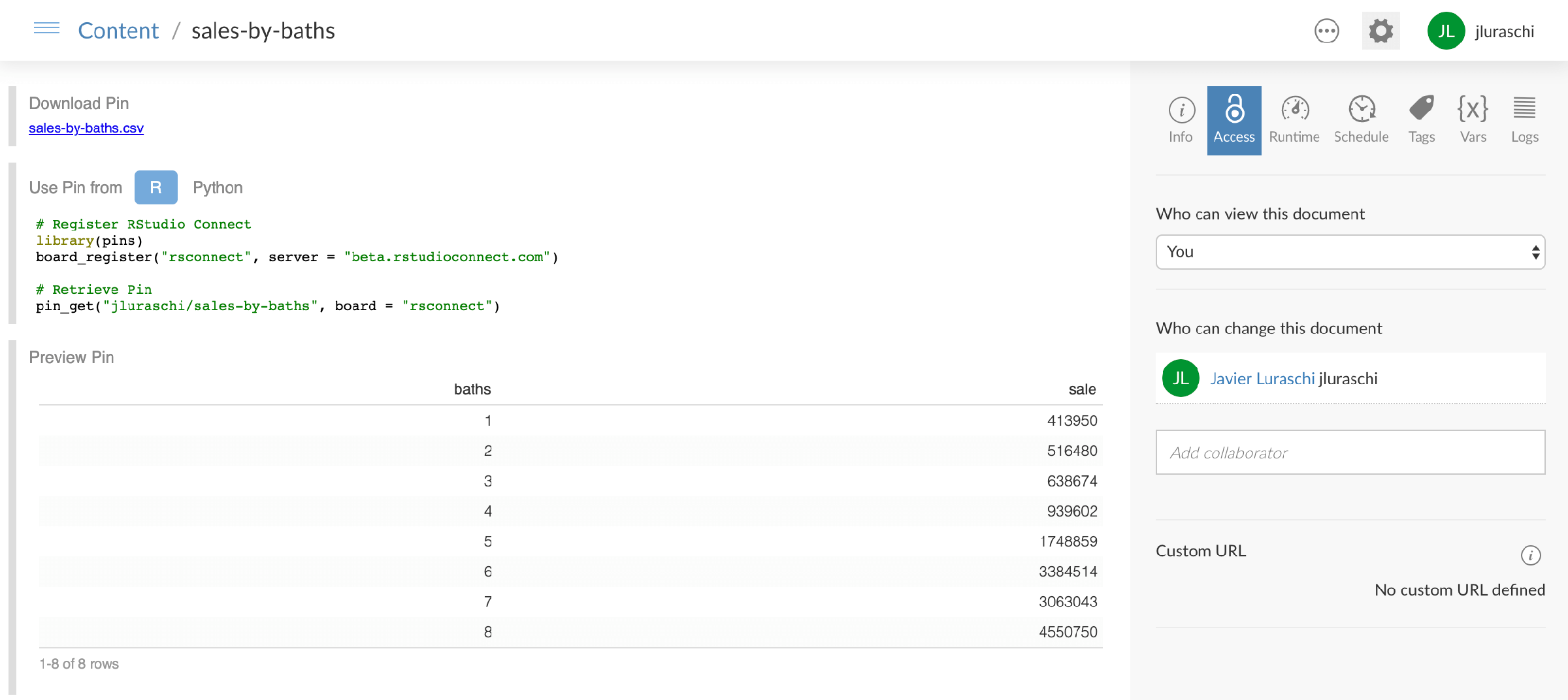 Pins Support in RStudio Connect