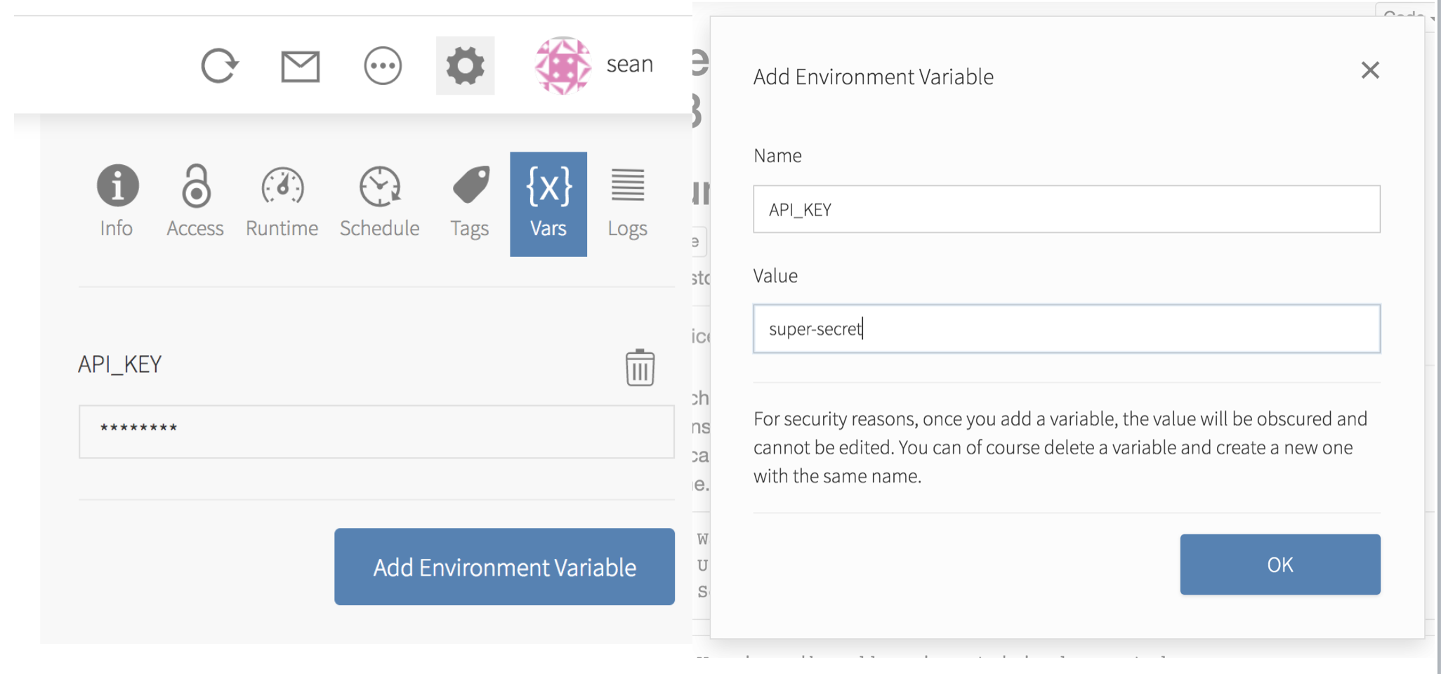 Connect interface for specifying environment variables