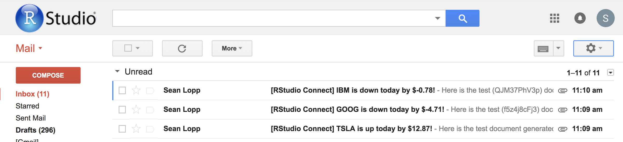 Inbox showing emails from Connect with custom subject lines