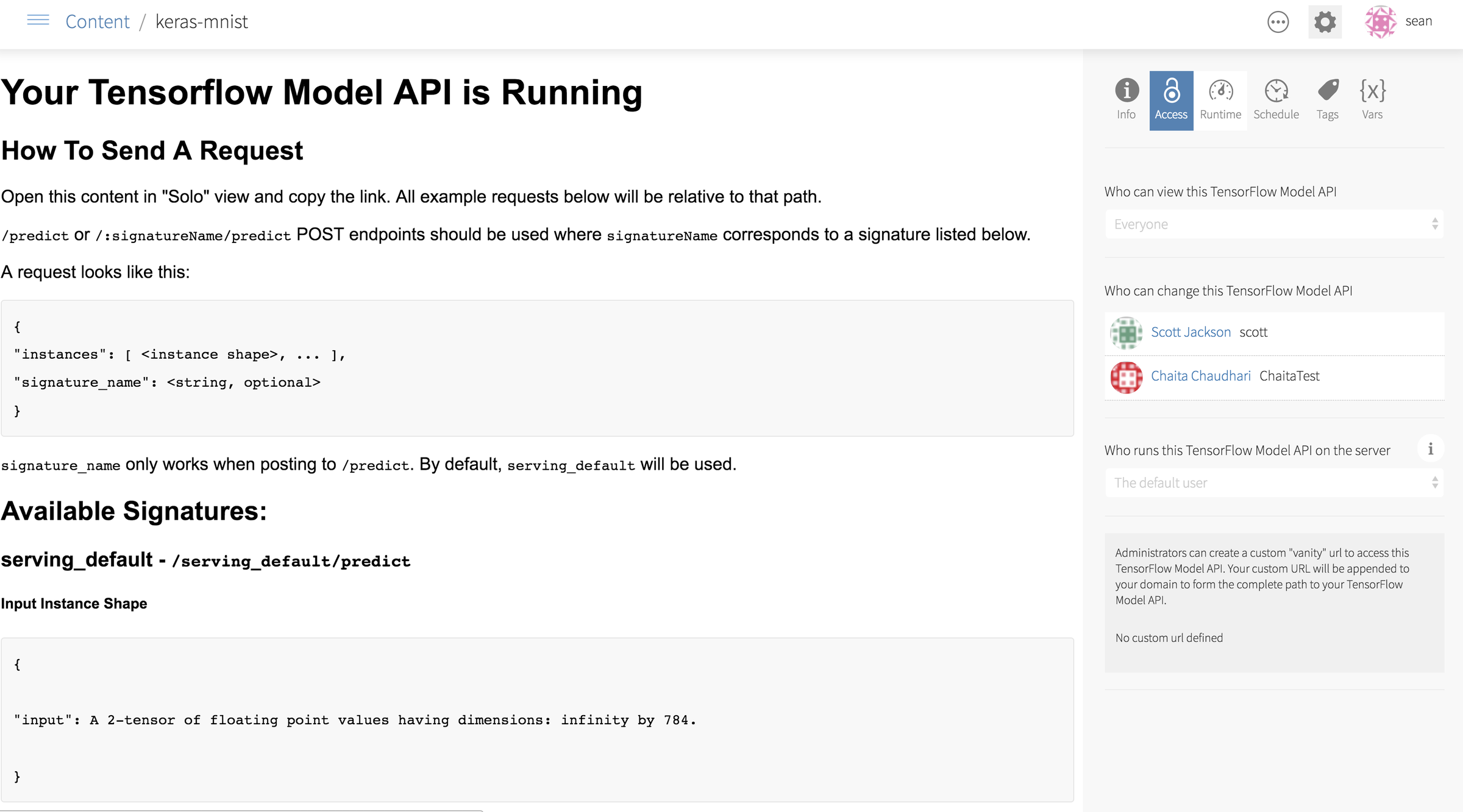 Connect hosting a sample TensorFlow model