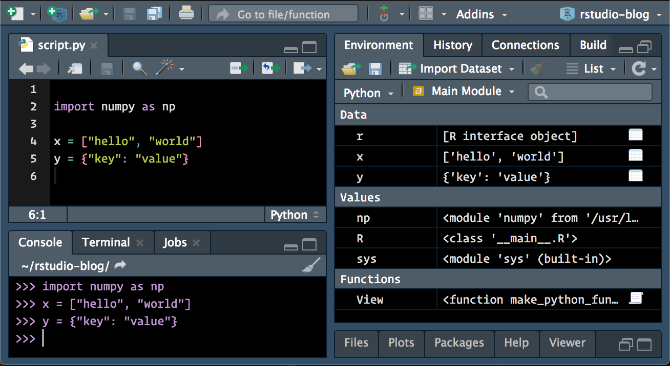 The RStudio IDE surface, with the Environment pane displaying Python objects.