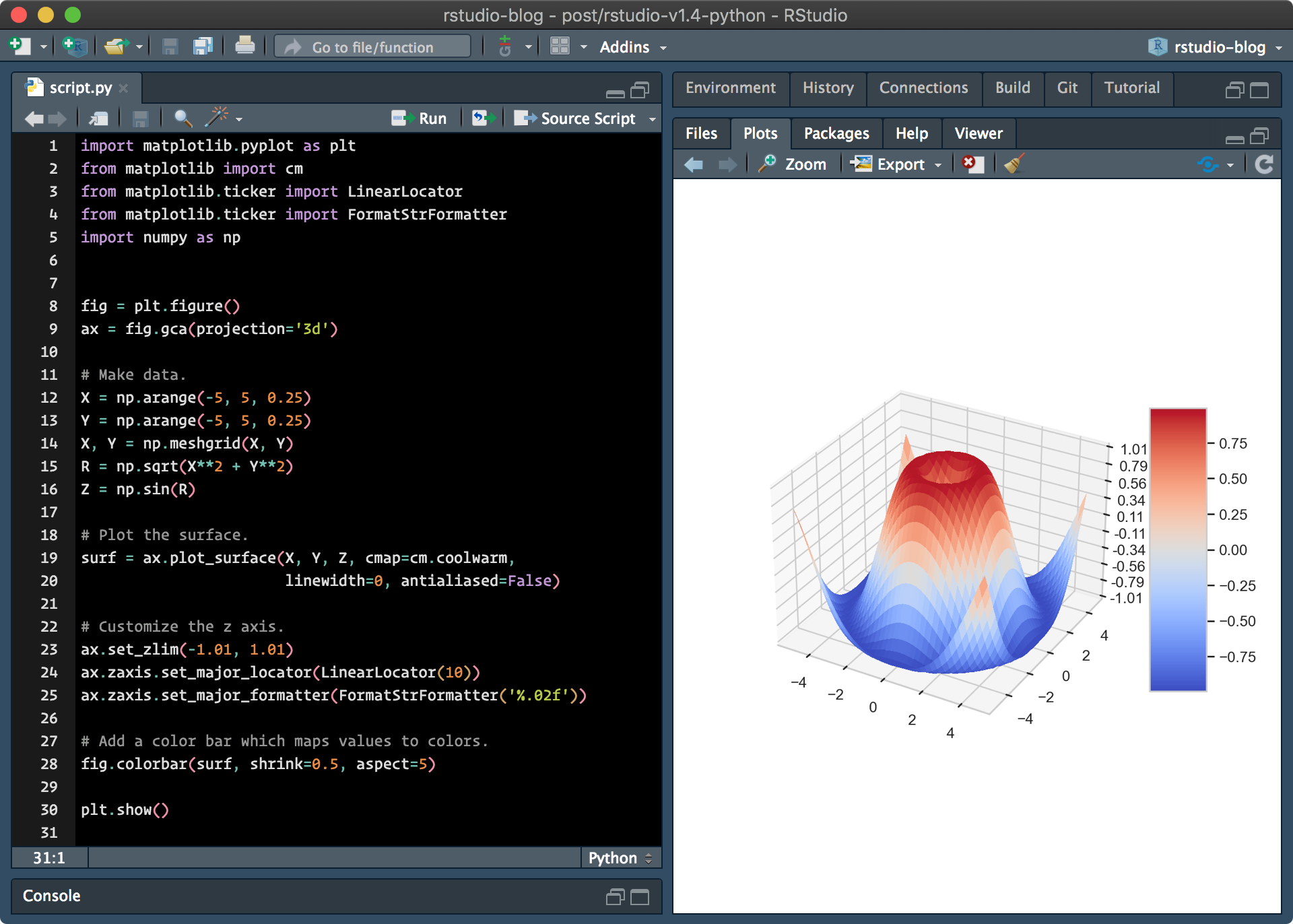 A heart drawn within the Plots pane via the matplotlib package.