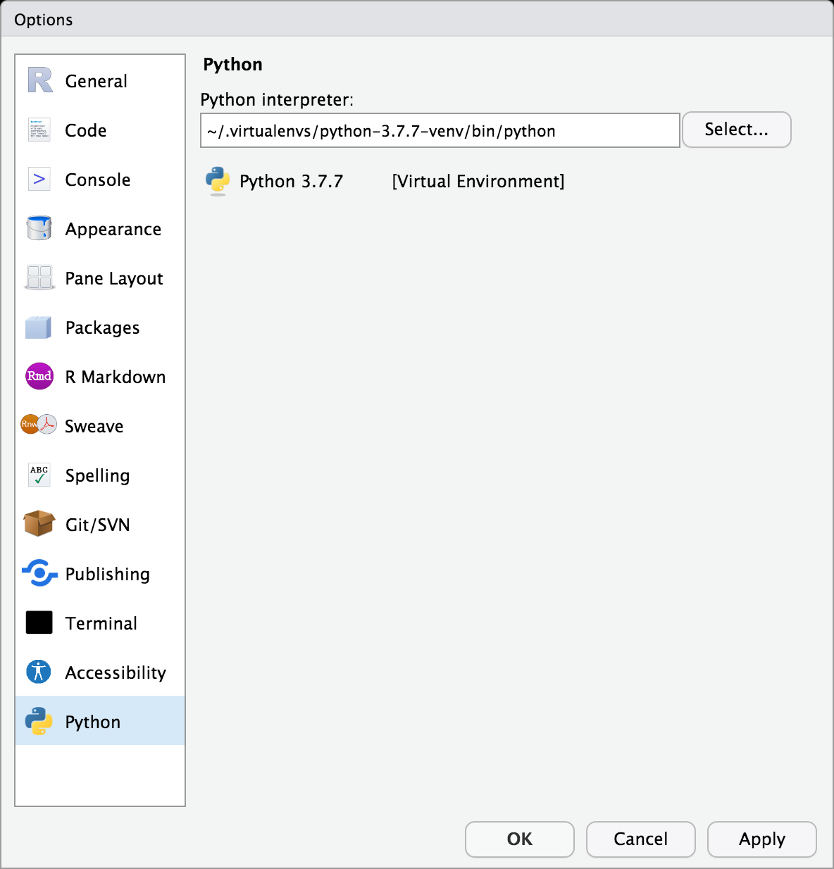 The Python preferences pane.