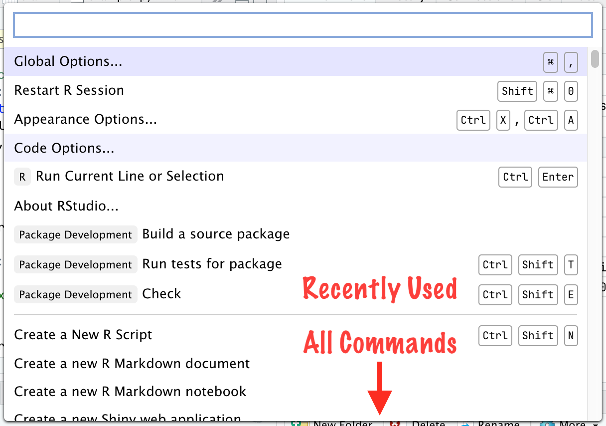 Screenshot of RStudio&rsquo;s command palette showing a list of recently used commands