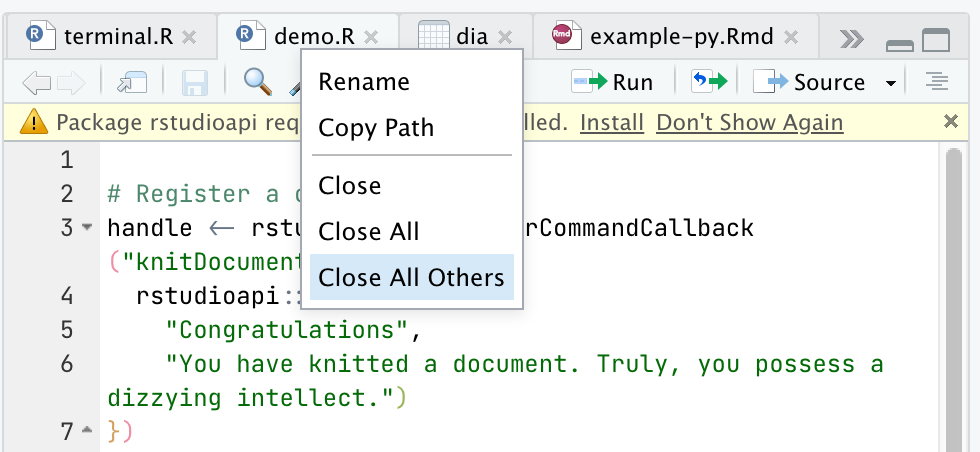 Screenshot of RStudio&rsquo;s document tab context menu, showing actions that can be taken on the document