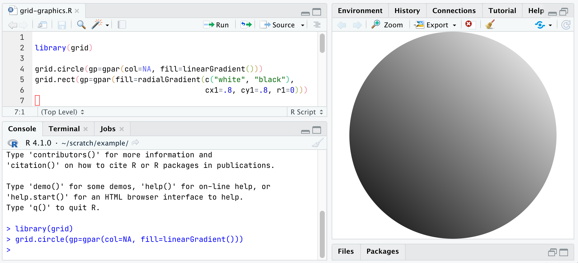 Screenshot of RStudio demonstrating a linear gradient plot generated by the new graphics engine