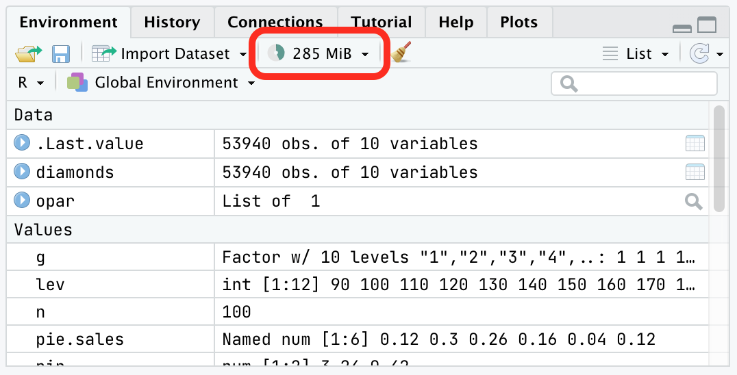 Screenshot of RStudio showing memory usage in the Environment Pane