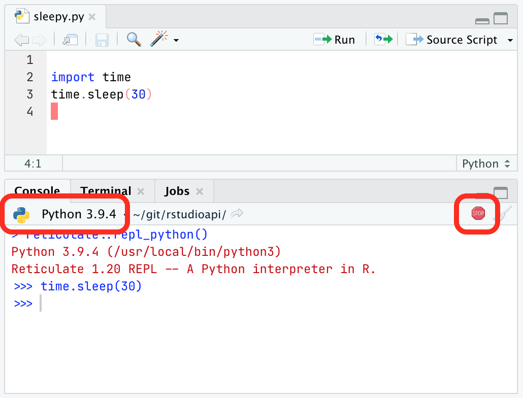 Screenshot of RStudio&rsquo;s improved python support, showing the version information and stop button