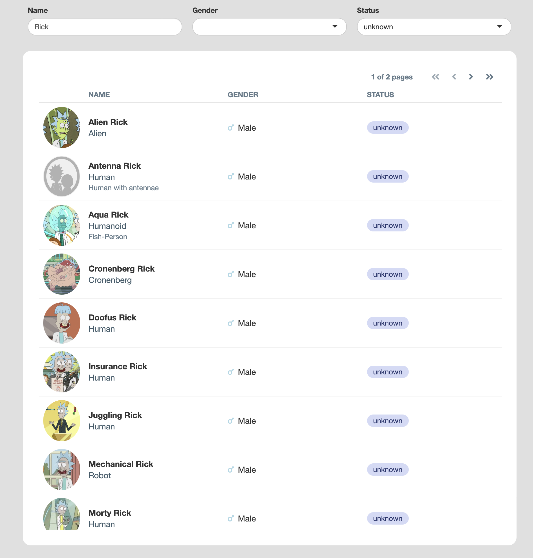 Screenshot of Rick and Morty characters in a table
