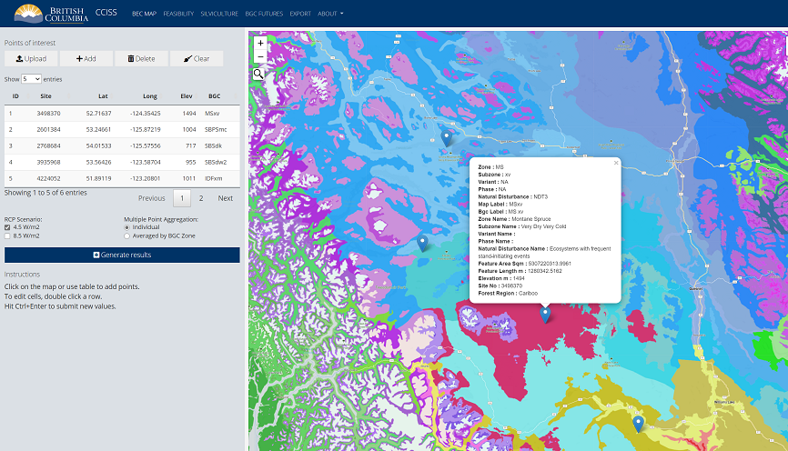 Screenshot of the Shiny app for climate change informed tree species selection. Sidebar shows the data and main panel shows a map with information on a point on the map.