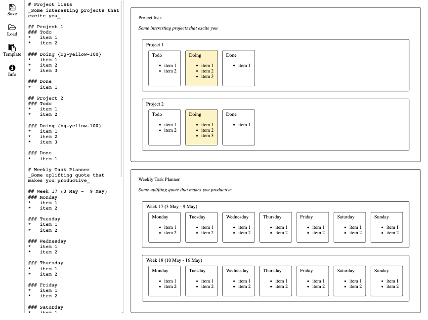 Screenshot of the Markdown organiser app, showing the markdown code on the sidebar and the rendered output in the main panel.