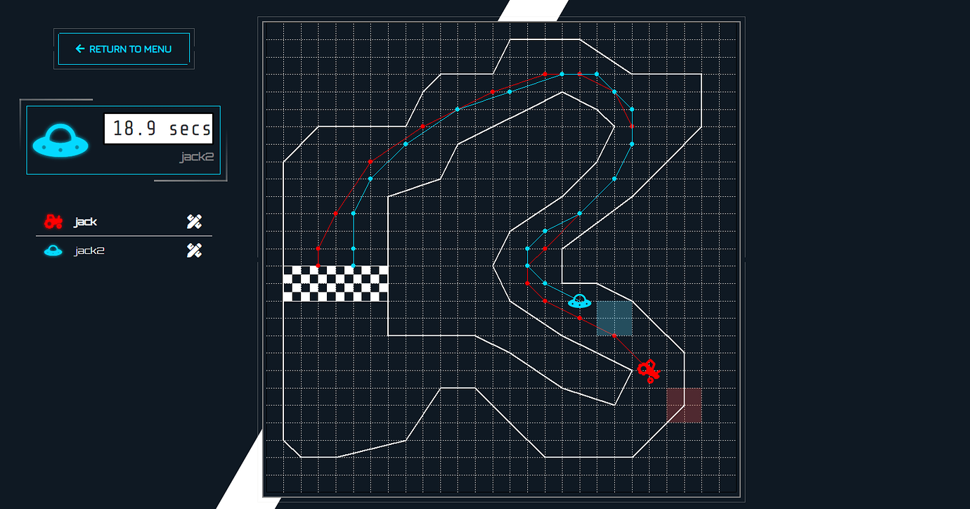 Screenshot of the Racetrack 2 app, showing the game controls on the sidebar and the race track in the main panel.