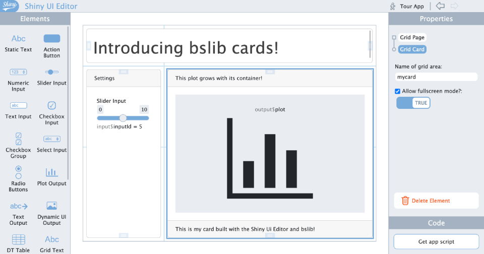 New to the ShinyUiEditor: bslib Cards!