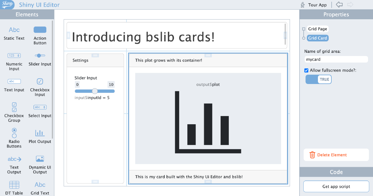 New to the ShinyUiEditor: bslib Cards!